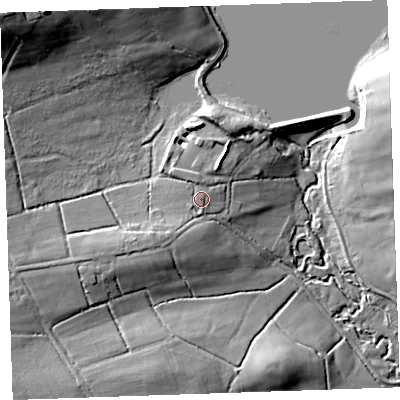 Shaded relief map of the ground around EX227LB, computed from Environment Agency LiDAR. The ground here sits at about 137 m above sea level and falls 33 m across the surrounding 800 m. Surface water reaching this point runs off ground lying to the north-north-west, 1.3 m higher.