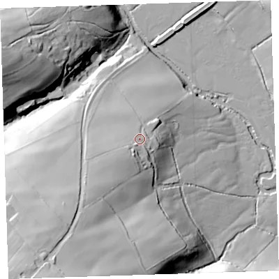 Shaded relief map of the ground around EX227LL, computed from Environment Agency LiDAR. The ground here sits at about 126 m above sea level and falls 70 m across the surrounding 800 m. Surface water reaching this point runs off ground lying to the south-west, 25.6 m higher.