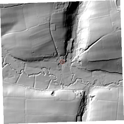 Shaded relief map of the ground around EX227PN, computed from Environment Agency LiDAR. The ground here sits at about 128 m above sea level and falls 43 m across the surrounding 800 m. Surface water reaching this point runs off ground lying to the north-north-west, 38.7 m higher.