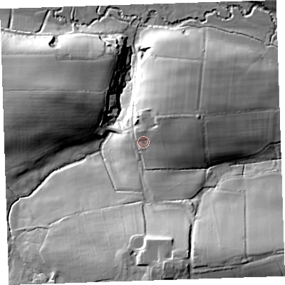 Shaded relief map of the ground around EX227QE, computed from Environment Agency LiDAR. The ground here sits at about 141 m above sea level and falls 40 m across the surrounding 800 m. Surface water reaching this point runs off ground lying to the north-east, 5.8 m higher.