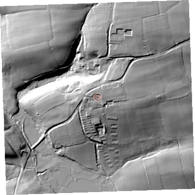 Shaded relief map of the ground around EX227RW, computed from Environment Agency LiDAR. The ground here sits at about 163 m above sea level and falls 46 m across the surrounding 800 m. Surface water reaching this point runs off ground lying to the north-north-east, 2.6 m higher.