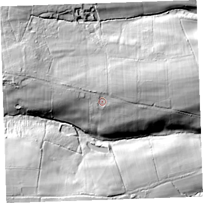 Shaded relief map of the ground around EX227RY, computed from Environment Agency LiDAR. The ground here sits at about 189 m above sea level and falls 40 m across the surrounding 800 m. Surface water reaching this point runs off ground lying to the north-west, 3.7 m higher.