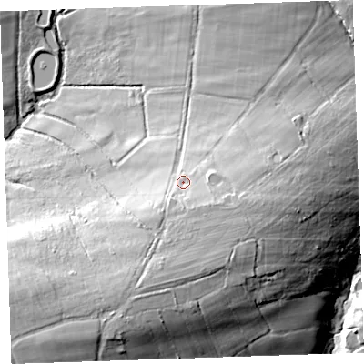 Shaded relief map of the ground around EX227SH, computed from Environment Agency LiDAR. The ground here sits at about 190 m above sea level and falls 26 m across the surrounding 800 m. Surface water reaching this point runs off ground lying to the south-east, 5.9 m higher.