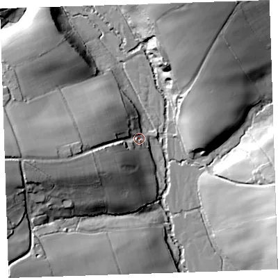 Shaded relief map of the ground around EX227UF, computed from Environment Agency LiDAR. The ground here sits at about 123 m above sea level and falls 43 m across the surrounding 800 m. Surface water reaching this point runs off ground lying to the west, 39.1 m higher.