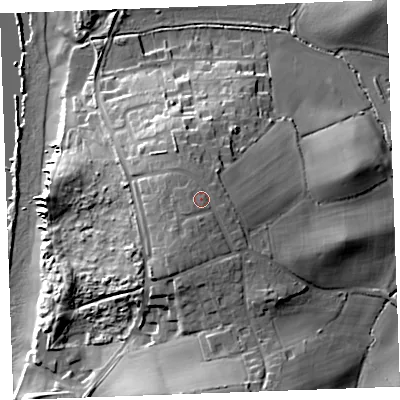 Shaded relief map of the ground around EX230AD, computed from Environment Agency LiDAR. The ground here sits at about 28 m above sea level and falls 29 m across the surrounding 800 m. Surface water reaching this point runs off ground lying to the south, 1.2 m higher.