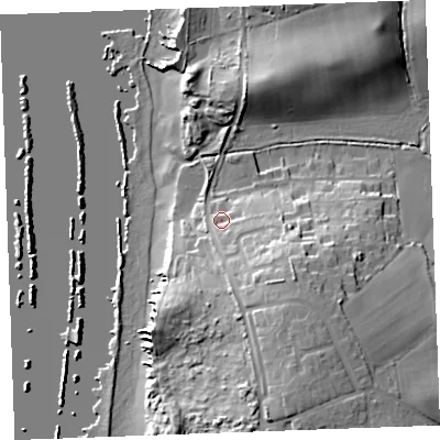 Shaded relief map of the ground around EX230AH, computed from Environment Agency LiDAR. The ground here sits at about 12 m above sea level and falls 26 m across the surrounding 800 m. Surface water reaching this point runs off ground lying to the south-south-east, 18.1 m higher.