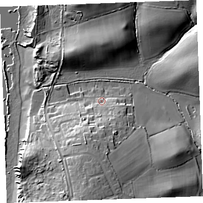 Shaded relief map of the ground around EX230AJ, computed from Environment Agency LiDAR. The ground here sits at about 11 m above sea level and falls 26 m across the surrounding 800 m. Surface water reaching this point runs off ground lying to the south, 18.5 m higher.