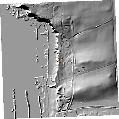 Shaded relief map of the ground around EX230AW, computed from Environment Agency LiDAR. The ground here sits at about 14 m above sea level and falls 41 m across the surrounding 800 m. Surface water reaching this point runs off ground lying to the north, 30.5 m higher.