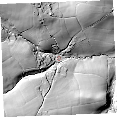 Shaded relief map of the ground around EX230BR, computed from Environment Agency LiDAR. The ground here sits at about 105 m above sea level and falls 59 m across the surrounding 800 m. Surface water reaching this point runs off ground lying to the north-west, 46.8 m higher.
