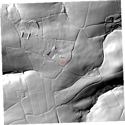 Shaded relief map of the ground around EX230DH, computed from Environment Agency LiDAR. The ground here sits at about 103 m above sea level and falls 49 m across the surrounding 800 m. Surface water reaching this point runs off ground lying to the south-south-west, 3.4 m higher.