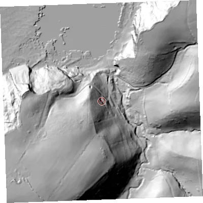 Shaded relief map of the ground around EX230DQ, computed from Environment Agency LiDAR. The ground here sits at about 33 m above sea level and falls 115 m across the surrounding 800 m. Surface water reaching this point runs off ground lying to the south-west, 92.8 m higher.