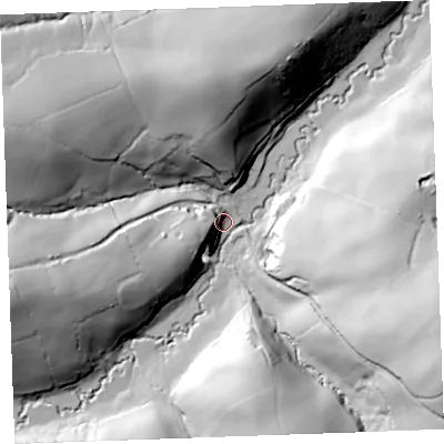 Shaded relief map of the ground around EX230DY, computed from Environment Agency LiDAR. The ground here sits at about 53 m above sea level and falls 67 m across the surrounding 800 m. Surface water reaching this point runs off ground lying to the east-south-east, 60.5 m higher.