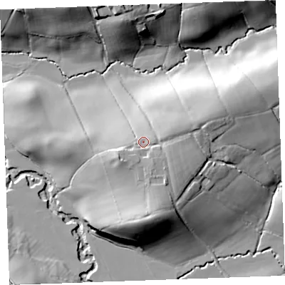 Shaded relief map of the ground around EX230HP, computed from Environment Agency LiDAR. The ground here sits at about 35 m above sea level and falls 28 m across the surrounding 800 m. Surface water reaching this point runs off ground lying to the south-east, 4.6 m higher.