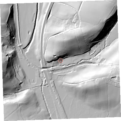 Shaded relief map of the ground around EX230JA, computed from Environment Agency LiDAR. The ground here sits at about 12 m above sea level and falls 40 m across the surrounding 800 m. Surface water reaching this point runs off ground lying to the north-east, 35.2 m higher.