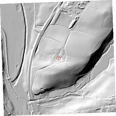 Shaded relief map of the ground around EX230JB, computed from Environment Agency LiDAR. The ground here sits at about 30 m above sea level and falls 41 m across the surrounding 800 m. Surface water reaching this point runs off ground lying to the south-east, 14.7 m higher.