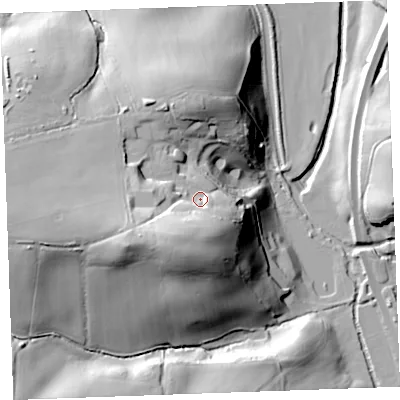 Shaded relief map of the ground around EX230JD, computed from Environment Agency LiDAR. The ground here sits at about 38 m above sea level and falls 49 m across the surrounding 800 m. Surface water reaching this point runs off ground lying to the south-south-west, 18.3 m higher.