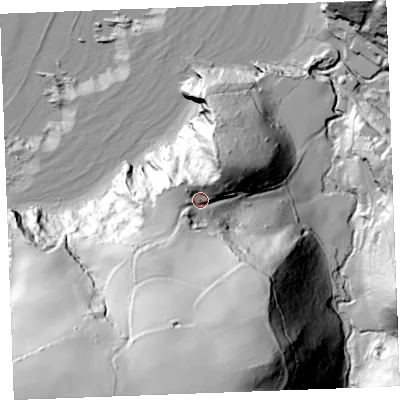 Shaded relief map of the ground around EX230LH, computed from Environment Agency LiDAR. The ground here sits at about 61 m above sea level and falls 128 m across the surrounding 800 m. Surface water reaching this point runs off ground lying to the south, 49.4 m higher.