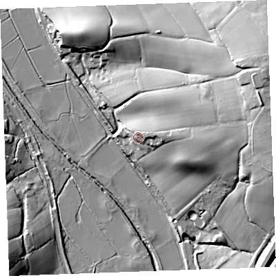Shaded relief map of the ground around EX230LT, computed from Environment Agency LiDAR. The ground here sits at about 17 m above sea level and falls 41 m across the surrounding 800 m. Surface water reaching this point runs off ground lying to the east-north-east, 29.8 m higher.