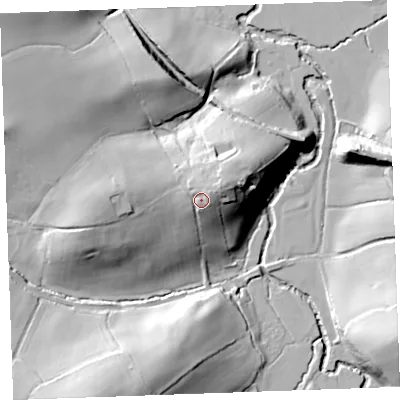 Shaded relief map of the ground around EX230NB, computed from Environment Agency LiDAR. The ground here sits at about 44 m above sea level and falls 36 m across the surrounding 800 m. Surface water reaching this point runs off ground lying to the north-east, 7.9 m higher.