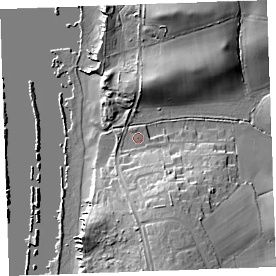 Shaded relief map of the ground around EX230PJ, computed from Environment Agency LiDAR. The ground here sits at about 8 m above sea level and falls 26 m across the surrounding 800 m. Surface water reaching this point runs off ground lying to the south-south-east, 21.2 m higher.