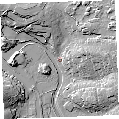 Shaded relief map of the ground around EX238BD, computed from Environment Agency LiDAR. The ground here sits at about 6 m above sea level and falls 30 m across the surrounding 800 m. Surface water reaching this point runs off ground lying to the east-north-east, 28.2 m higher.