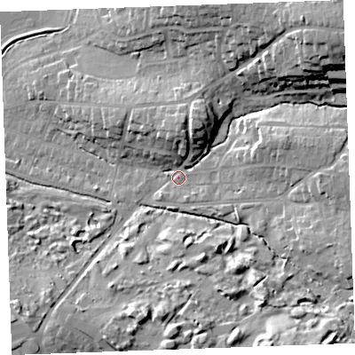 Shaded relief map of the ground around EX238GQ, computed from Environment Agency LiDAR. The ground here sits at about 14 m above sea level and falls 32 m across the surrounding 800 m. Surface water reaching this point runs off ground lying to the north-east, 26.7 m higher.