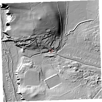 Shaded relief map of the ground around EX238GS, computed from Environment Agency LiDAR. The ground here sits at about 8 m above sea level and falls 37 m across the surrounding 800 m. Surface water reaching this point runs off ground lying to the north-north-west, 28.4 m higher.