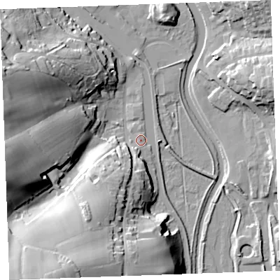Shaded relief map of the ground around EX238GY, computed from Environment Agency LiDAR. The ground here sits at about 7 m above sea level and falls 37 m across the surrounding 800 m. Surface water reaching this point runs off ground lying to the south, 25.3 m higher.