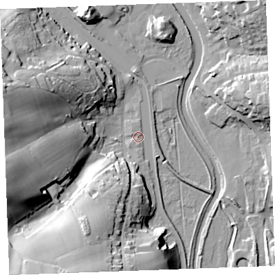 Shaded relief map of the ground around EX238HD, computed from Environment Agency LiDAR. The ground here sits at about 6 m above sea level and falls 37 m across the surrounding 800 m. Surface water reaching this point runs off ground lying to the south, 25.1 m higher.
