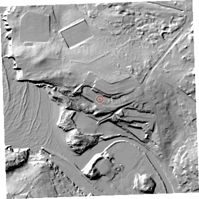 Shaded relief map of the ground around EX238HJ, computed from Environment Agency LiDAR. The ground here sits at about 22 m above sea level and falls 30 m across the surrounding 800 m. Surface water reaching this point runs off ground lying to the east-north-east, 6.7 m higher.