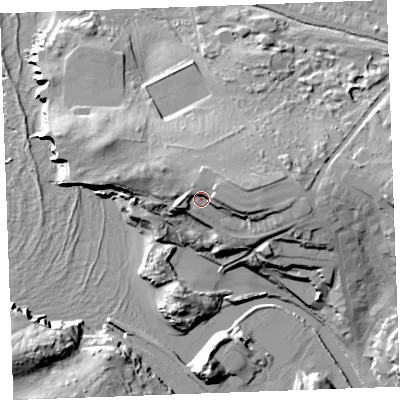 Shaded relief map of the ground around EX238HN, computed from Environment Agency LiDAR. The ground here sits at about 22 m above sea level and falls 26 m across the surrounding 800 m. Surface water reaching this point runs off ground lying to the east, 5.6 m higher.