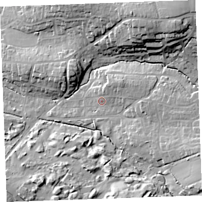 Shaded relief map of the ground around EX238JD, computed from Environment Agency LiDAR. The ground here sits at about 18 m above sea level and falls 30 m across the surrounding 800 m. Surface water reaching this point runs off ground lying to the north-east, 8.5 m higher.