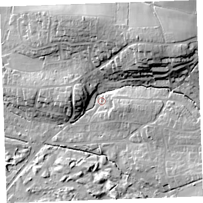Shaded relief map of the ground around EX238JG, computed from Environment Agency LiDAR. The ground here sits at about 17 m above sea level and falls 33 m across the surrounding 800 m. Surface water reaching this point runs off ground lying to the north-east, 26.0 m higher.
