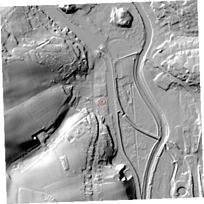 Shaded relief map of the ground around EX238JQ, computed from Environment Agency LiDAR. The ground here sits at about 6 m above sea level and falls 37 m across the surrounding 800 m. Surface water reaching this point runs off ground lying to the south, 25.3 m higher.