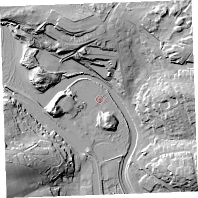 Shaded relief map of the ground around EX238LA, computed from Environment Agency LiDAR. The ground here sits at about 5 m above sea level and falls 29 m across the surrounding 800 m. Surface water reaching this point runs off ground lying to the west-south-west, 13.7 m higher.