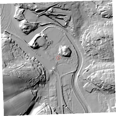 Shaded relief map of the ground around EX238LD, computed from Environment Agency LiDAR. The ground here sits at about 5 m above sea level and falls 34 m across the surrounding 800 m. Surface water reaching this point runs off ground lying to the north-east, 4.7 m higher.