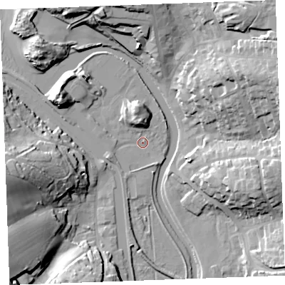 Shaded relief map of the ground around EX238LE, computed from Environment Agency LiDAR. The ground here sits at about 5 m above sea level and falls 28 m across the surrounding 800 m. Surface water reaching this point runs off ground lying to the north, 8.8 m higher.