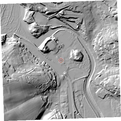 Shaded relief map of the ground around EX238LG, computed from Environment Agency LiDAR. The ground here sits at about 6 m above sea level and falls 39 m across the surrounding 800 m. The ground contributing surface water to this point lies to the south-south-west.