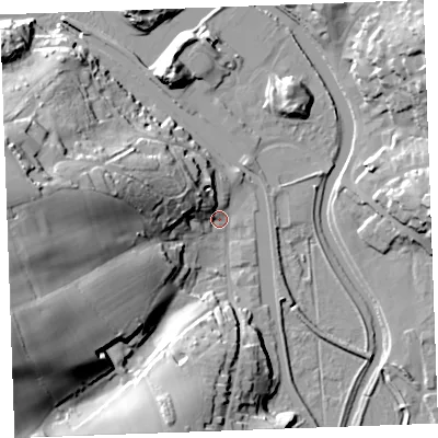 Shaded relief map of the ground around EX238LJ, computed from Environment Agency LiDAR. The ground here sits at about 6 m above sea level and falls 42 m across the surrounding 800 m. Surface water reaching this point runs off ground lying to the west-south-west, 39.9 m higher.