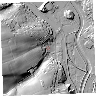 Shaded relief map of the ground around EX238LN, computed from Environment Agency LiDAR. The ground here sits at about 7 m above sea level and falls 45 m across the surrounding 800 m. Surface water reaching this point runs off ground lying to the west-south-west, 41.6 m higher.