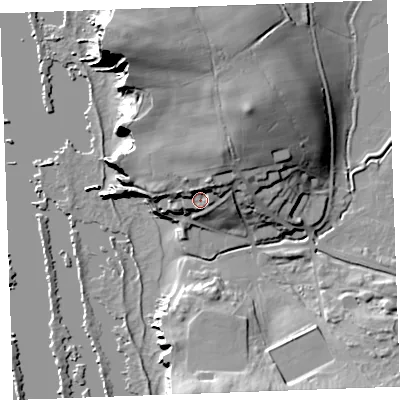 Shaded relief map of the ground around EX238NE, computed from Environment Agency LiDAR. The ground here sits at about 16 m above sea level and falls 38 m across the surrounding 800 m. Surface water reaching this point runs off ground lying to the north-north-east, 15.0 m higher.
