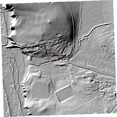 Shaded relief map of the ground around EX238NF, computed from Environment Agency LiDAR. The ground here sits at about 10 m above sea level and falls 37 m across the surrounding 800 m. Surface water reaching this point runs off ground lying to the north-north-west, 28.4 m higher.