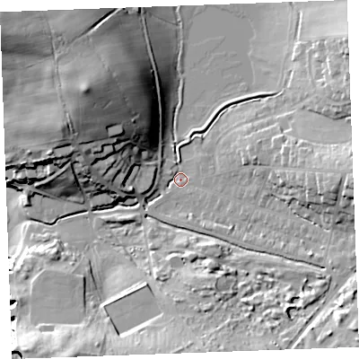 Shaded relief map of the ground around EX238NH, computed from Environment Agency LiDAR. The ground here sits at about 8 m above sea level and falls 35 m across the surrounding 800 m. Surface water reaching this point runs off ground lying to the north-west, 28.5 m higher.