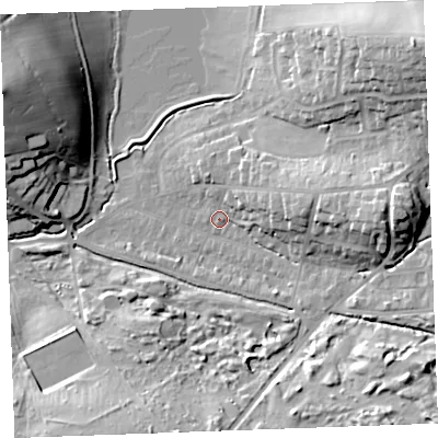 Shaded relief map of the ground around EX238NP, computed from Environment Agency LiDAR. The ground here sits at about 10 m above sea level and falls 29 m across the surrounding 800 m. Surface water reaching this point runs off ground lying to the east, 10.9 m higher.