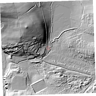 Shaded relief map of the ground around EX238NQ, computed from Environment Agency LiDAR. The ground here sits at about 8 m above sea level and falls 36 m across the surrounding 800 m. Surface water reaching this point runs off ground lying to the north-west, 28.5 m higher.