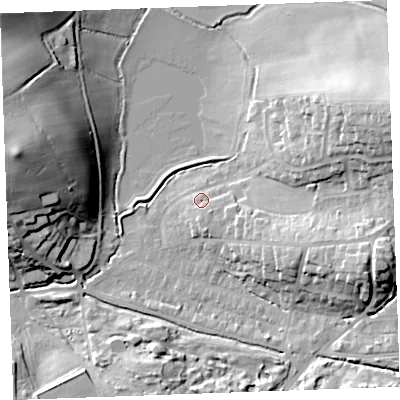 Shaded relief map of the ground around EX238PB, computed from Environment Agency LiDAR. The ground here sits at about 11 m above sea level and falls 29 m across the surrounding 800 m. Surface water reaching this point runs off ground lying to the south-east, 2.6 m higher.