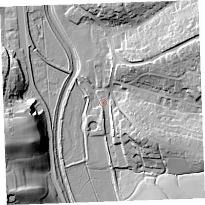 Shaded relief map of the ground around EX238PQ, computed from Environment Agency LiDAR. The ground here sits at about 7 m above sea level and falls 31 m across the surrounding 800 m. Surface water reaching this point runs off ground lying to the south, 4.9 m higher.