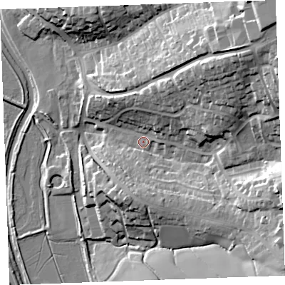 Shaded relief map of the ground around EX238QE, computed from Environment Agency LiDAR. The ground here sits at about 10 m above sea level and falls 41 m across the surrounding 800 m. Surface water reaching this point runs off ground lying to the north-east, 32.6 m higher.