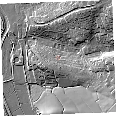 Shaded relief map of the ground around EX238QF, computed from Environment Agency LiDAR. The ground here sits at about 14 m above sea level and falls 41 m across the surrounding 800 m. Surface water reaching this point runs off ground lying to the south-south-west, 7.8 m higher.