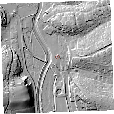 Shaded relief map of the ground around EX238QG, computed from Environment Agency LiDAR. The ground here sits at about 7 m above sea level and falls 31 m across the surrounding 800 m. Surface water reaching this point runs off ground lying to the east, 5.3 m higher.